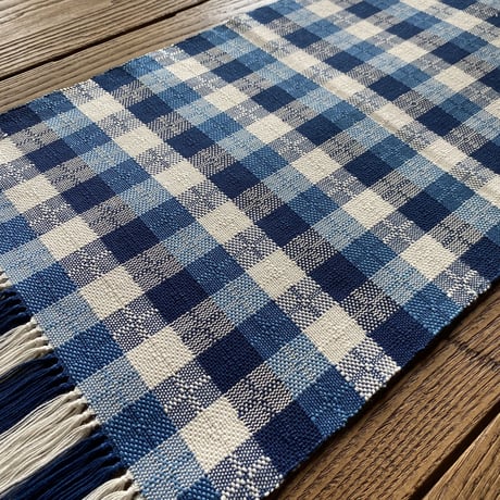 藍染　白と納戸の市松織　テーブルランナー(約30cm×120cm)　3色　紺×浅葱×白　（c-5）