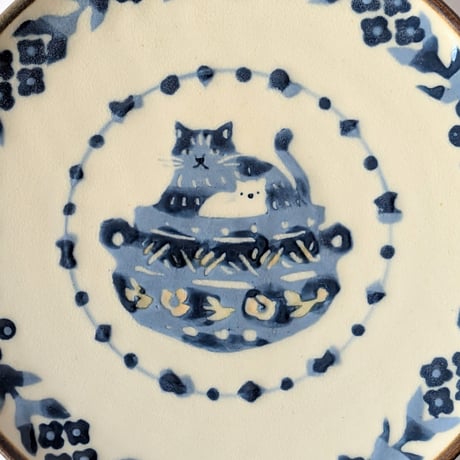 5寸皿・壺ねこ 多色／青
