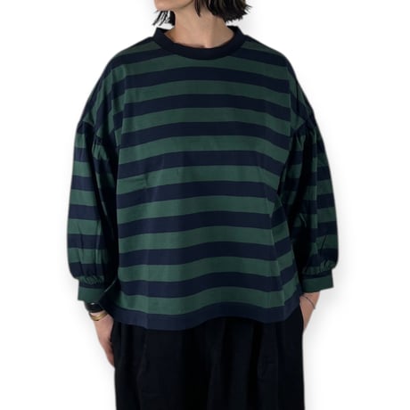 UNIVERSAL SEVEN / 度詰め天竺ボーダーギャザーパフPO / US260CT015 133グリーン×ネイビー