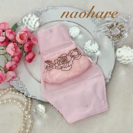 薔薇刺繍　レース　マスクケース　マスクポーチ　バッグチャーム　マスク仮置き　マスクバッグ　エレガント　お上品　ツイード