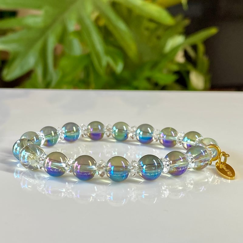 グリーンオーラクォーツ カット水晶 光波動 ブレスレット B0924-05