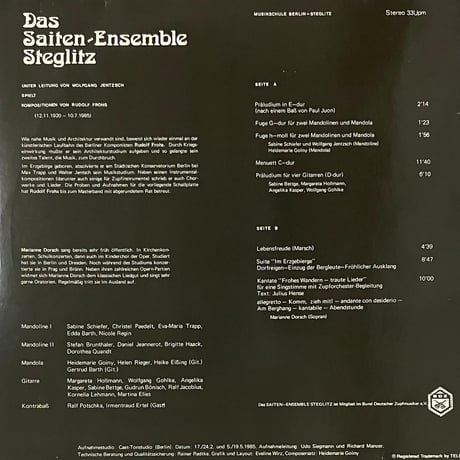 Das Saiten-Ensemble Steglitz Leitung: Wolfgang Jentzsch Rudolf Frohs - Kompositionen 〜