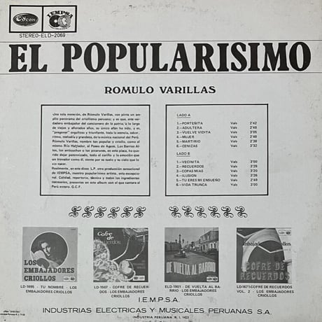 Romulo Varillas - El Popularisimo [LP][Odeon Del Peru] (USED)