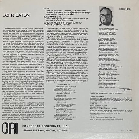 John Eaton - Mass / Blind Man's Cry / Concert Music For Solo Clarinet [LP]