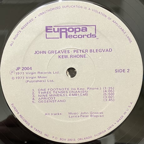 John Greaves / Peter Blegvad / Lisa Herman / Kew. Rhone. [LP][Europa Records] (USED)