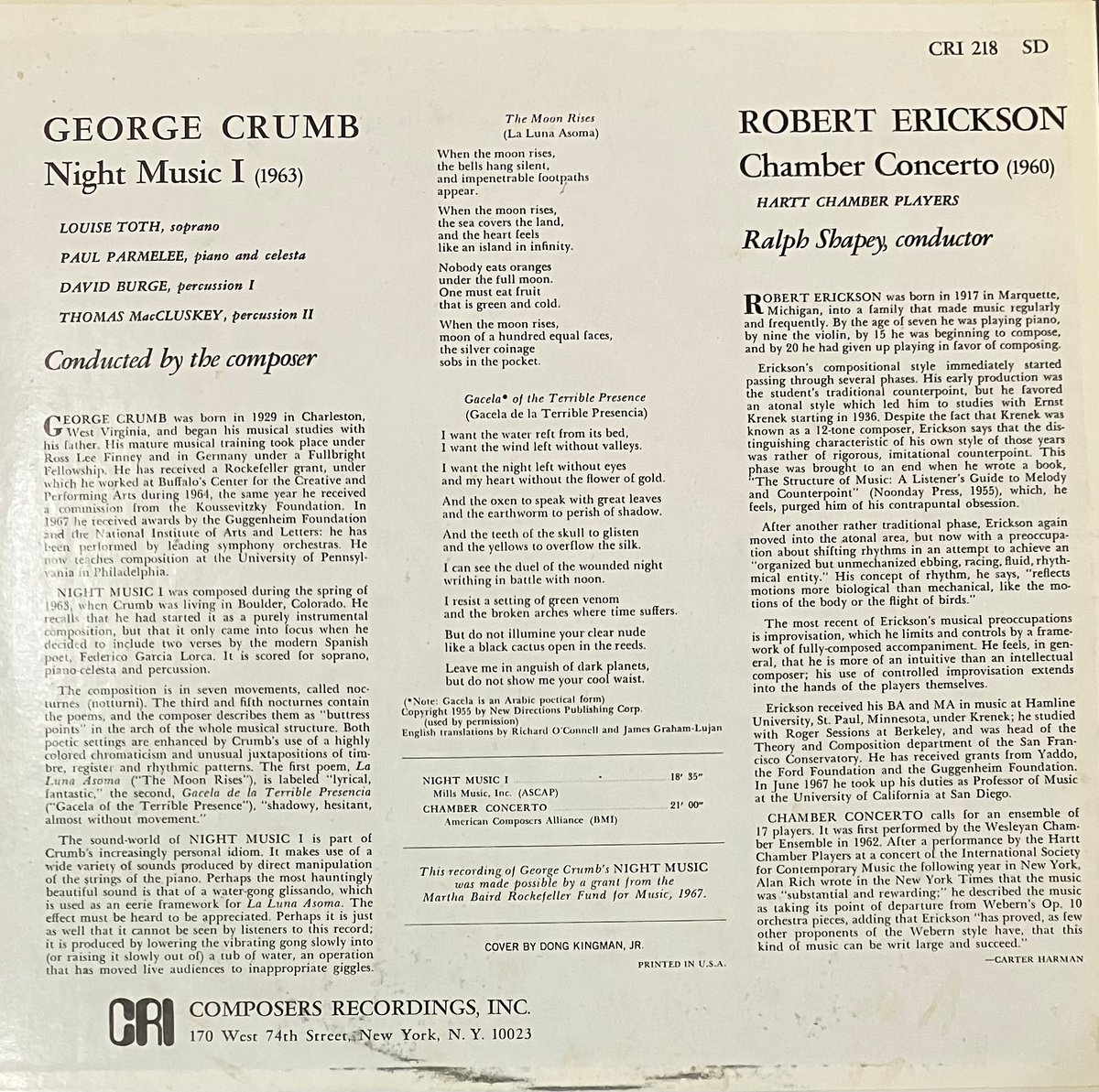 George Crumb / Robert Erickson - Night Music I ...