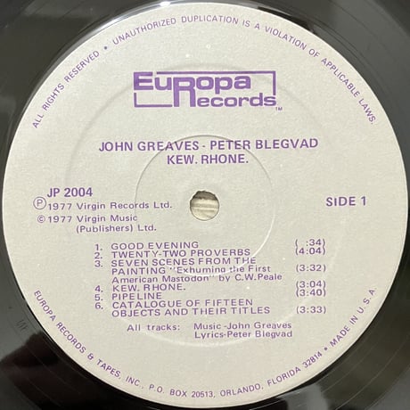 John Greaves / Peter Blegvad / Lisa Herman / Kew. Rhone. [LP][Europa Records] (USED)