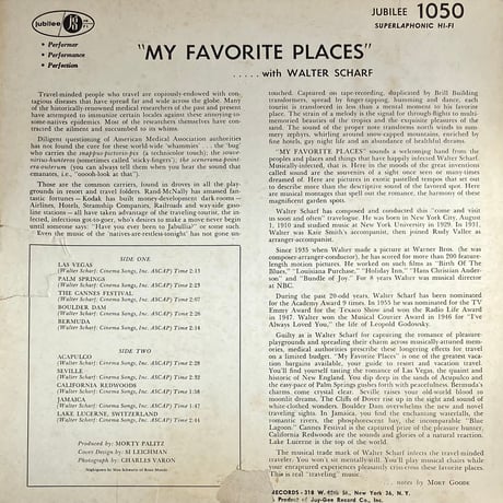 Walter Scharf - My Favorite Places [LP][Jubilee] (USED)