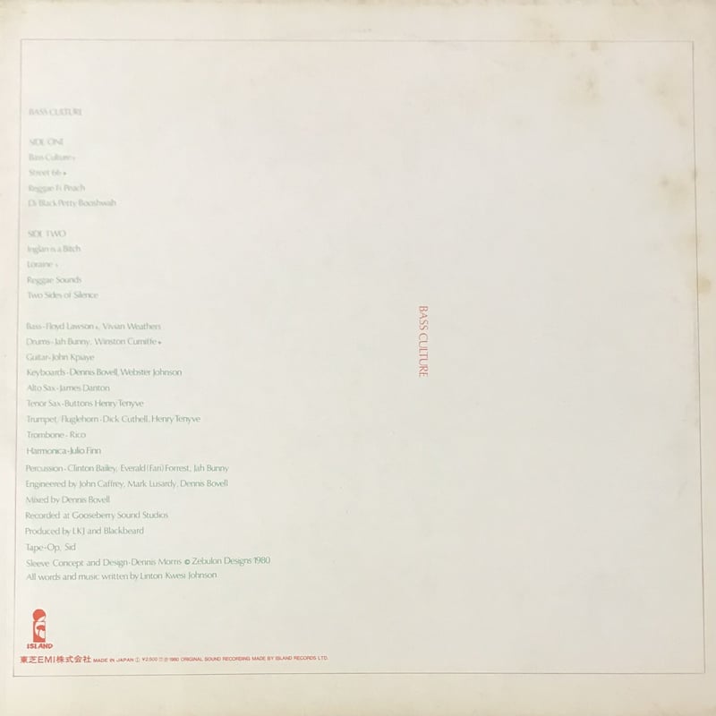Linton Kwesi Johnson - Bass Culture [LP][Island
