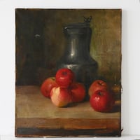 赤い林檎とピシェが描かれた油彩画