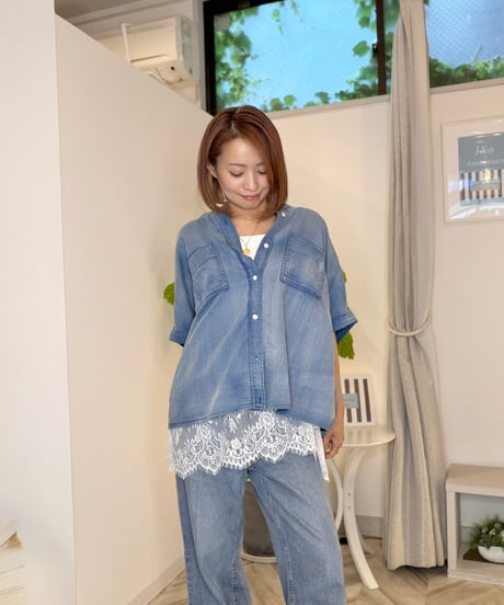 シアーデニムノーカラーシャツ
