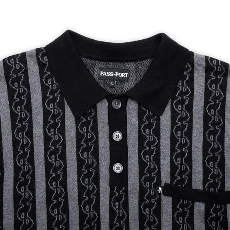PASSPORT PATTONED KNIT POLO LONG SLEEVE - BLACK