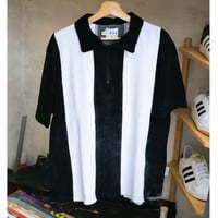 SKATEBOARD CAFE STRIPE 1/4 ZIP VELOUR POLO SHIRT