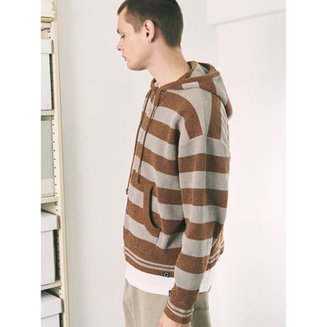 PHINGERIN CORDY KNIT ZIP HOODIE STRIPE PINK × NAVY
