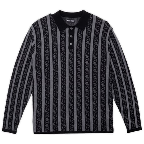 PASSPORT PATTONED KNIT POLO LONG SLEEVE - BLACK