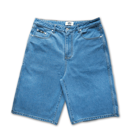 ANGELIC REPORT LOGO DENIM SHORTS WASHED INDIGO