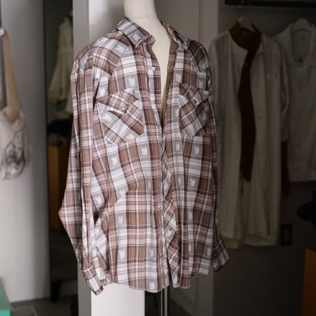 【used】80's brown check embroidery western shirt