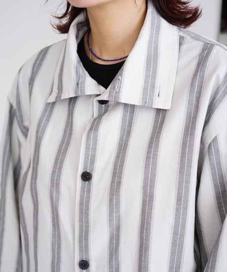 【THE HINOKI】Organic Cotton Poplin Stand Collar Shirt［GRAY STRIPE］
