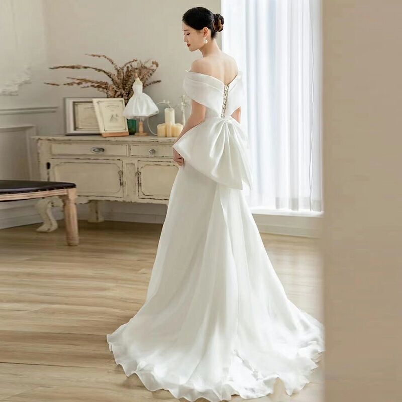 ブラダルドレス エンパイア トレーン オフショルダー リボン 花嫁  