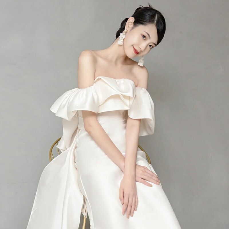 ブライダルドレス エンパイア オフショルダー 半袖 ウェディング  