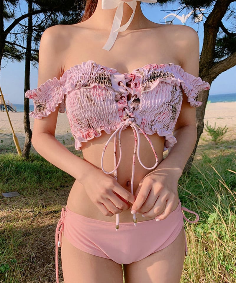 レースアップ オフショルダー シャーリング リボン 可愛い セパレート