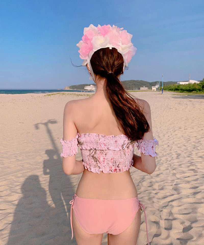 レースアップ オフショルダー シャーリング リボン 可愛い セパレート