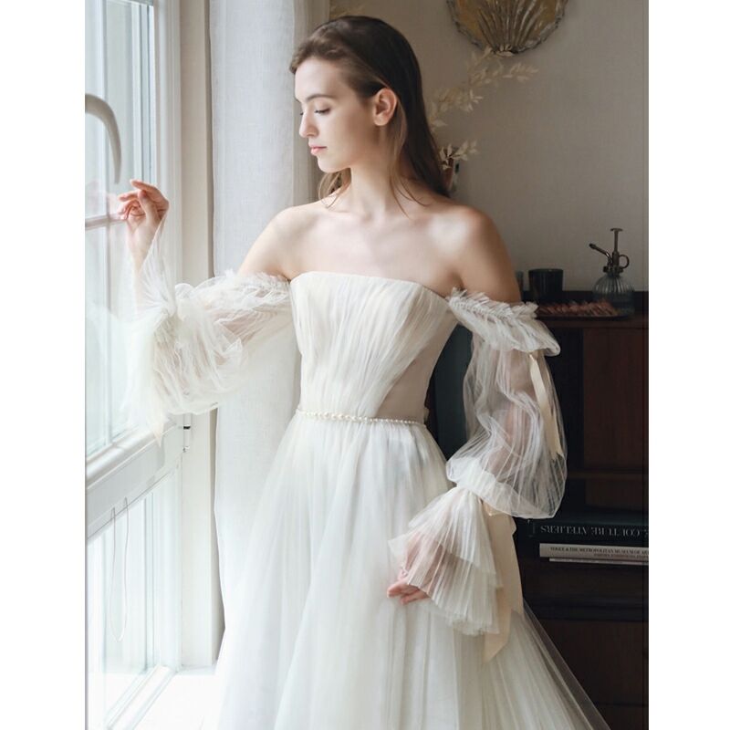 ブライダルドレス スレンダー オフショルダー 長袖 ウェディング  