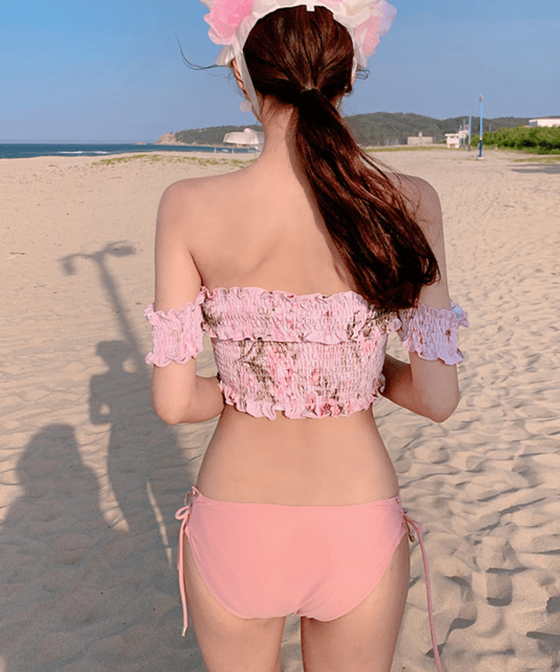 レースアップ オフショルダー シャーリング リボン 可愛い セパレート