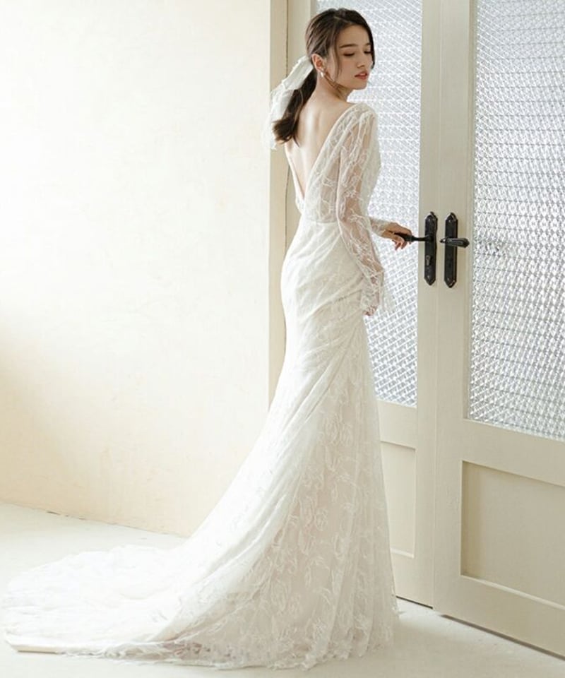 ブライダルドレス スレンダーVネック 長袖 ウェディング 052840  