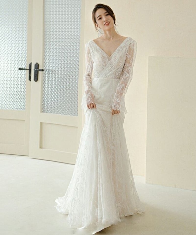 ブライダルドレス スレンダーVネック 長袖 ウェディング 052840  