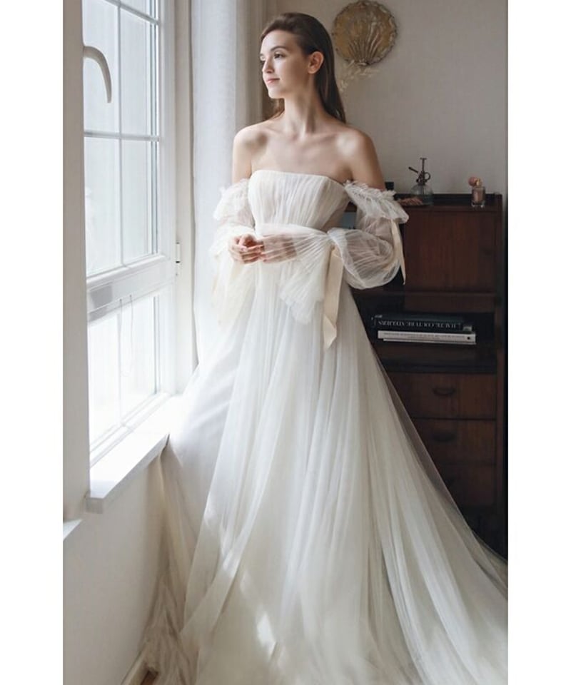 ブライダルドレス スレンダー オフショルダー 長袖 ウェディング  