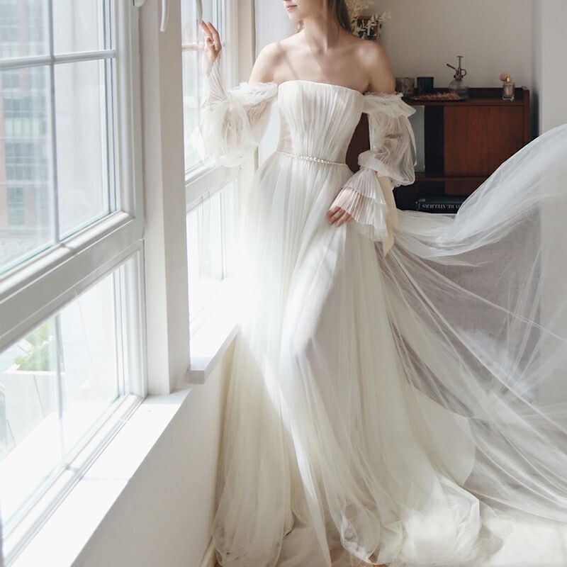 ブライダルドレス スレンダー オフショルダー 長袖 ウェディング  