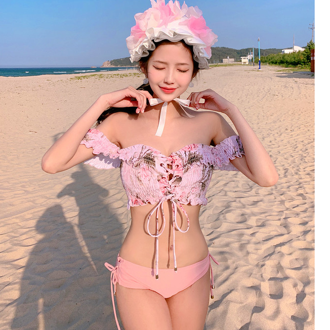 レースアップ オフショルダー シャーリング リボン 可愛い セパレート