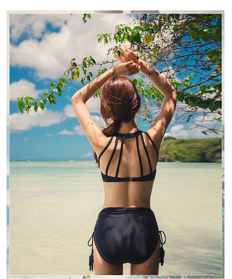 タンキニ タートルネック 胸クロス ギャザー ビキニ ハイウエスト