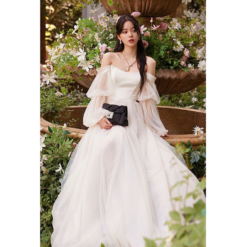 ブライダルドレス ベルライン 長袖 オフショルダー 花嫁 052830  