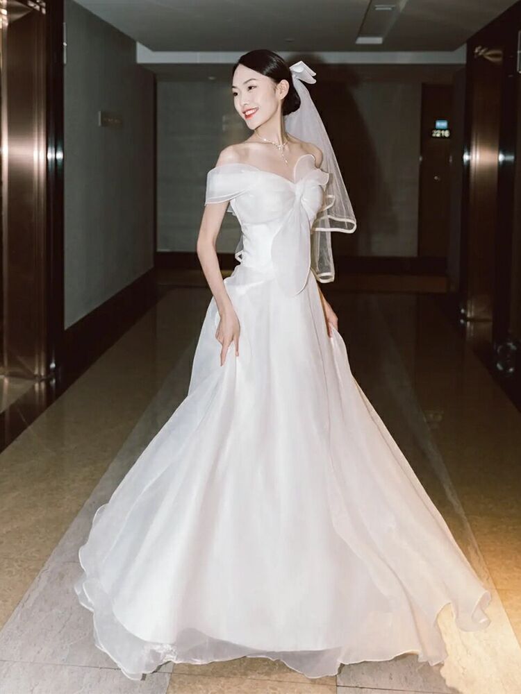 ブライダルドレス Aライン オフショルダー 半袖 ウェディング 052805  