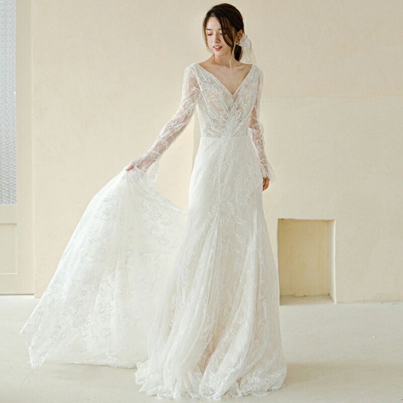 ブライダルドレス スレンダーVネック 長袖 ウェディング 052840  