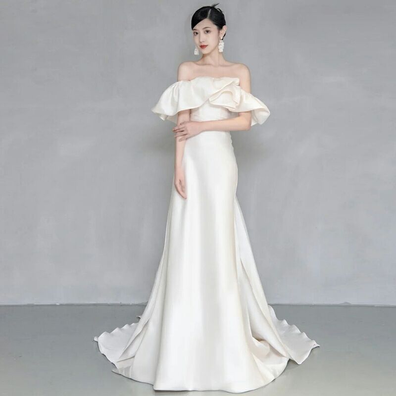 ブライダルドレス エンパイア オフショルダー 半袖 ウェディング  