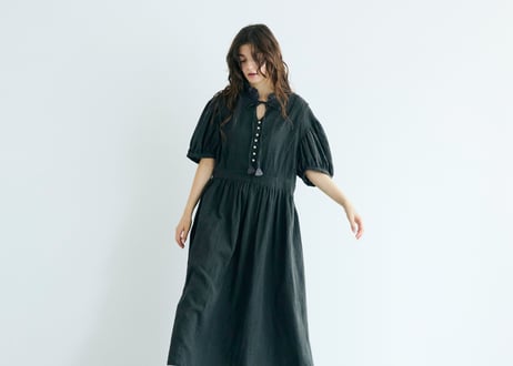 OP202CH　 リネンコットンストライプ・アンティークワンピース／チャコール（MAGALI）