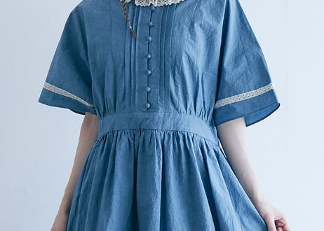 OP194BL　コットンリネン・ファナージュ・クラシックワンピース／ブルー（MAGALI）