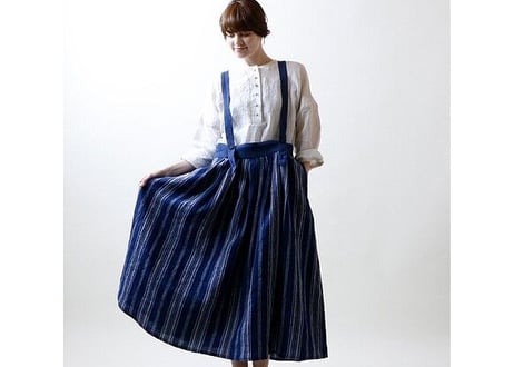 SK33NY フレンチストライプリネン・サスペンダースカート/ネイビー（MAGALI）