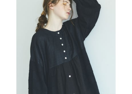 OP162BK  コットンリネン・ドット・ ミックス・ワンピース／ブラック （MAGALI）