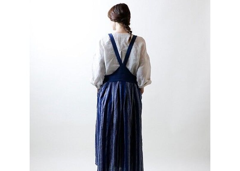 SK33NY フレンチストライプリネン・サスペンダースカート