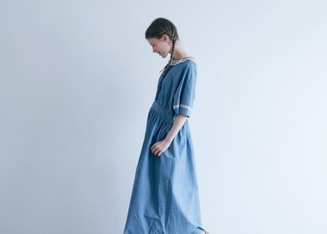 OP194BL　コットンリネン・ファナージュ・クラシックワンピース／ブルー（MAGALI）