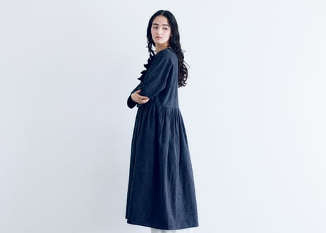 OP198NY  インディゴコットンリネン・フリルワンピース／ネイビーストライプ（MAGALI）