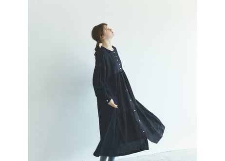 OP162BK  コットンリネン・ドット・ ミックス・ワンピース／ブラック （MAGALI）