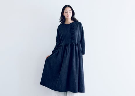 OP198NY  インディゴコットンリネン・フリルワンピース／ネイビーストライプ（MAGALI）