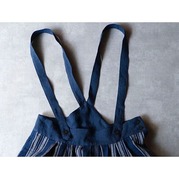 SK33NY フレンチストライプリネン・サスペンダースカート/ネイビー  