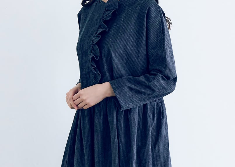 OP198NY インディゴコットンリネン・フリルワンピース／ネイビー