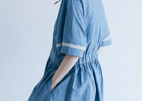 OP194BL　コットンリネン・ファナージュ・クラシックワンピース／ブルー（MAGALI）